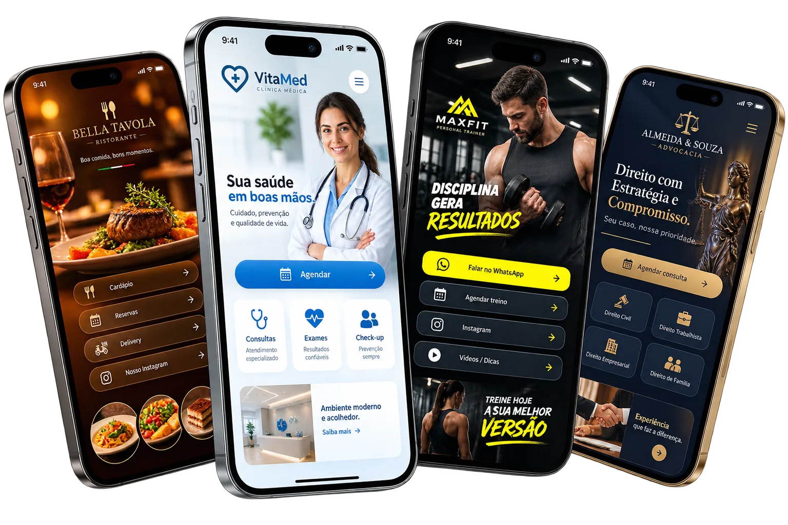 Sites e links da bio criados pela BF Sites para restaurante, clínica, personal trainer e advocacia