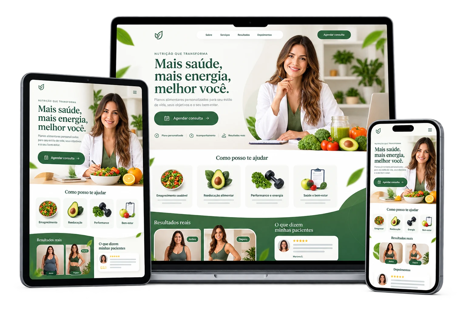 Mockup de site profissional de nutricionista em notebook, tablet e celular