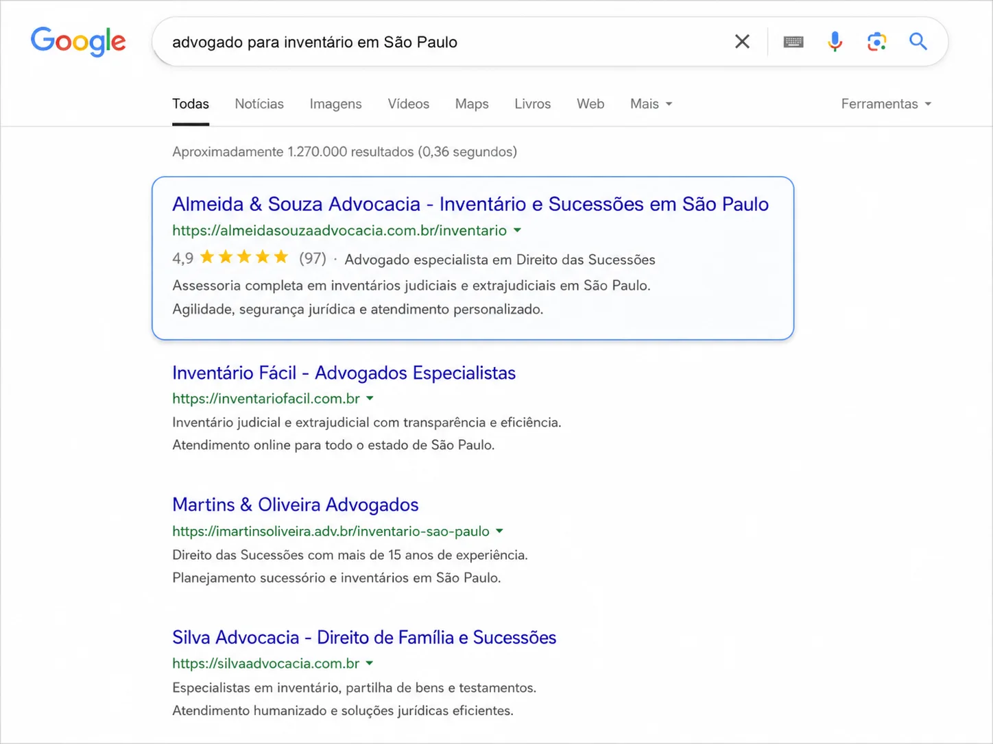 Busca no Google por 'advogado para inventário em São Paulo' com um escritório aparecendo em destaque nos resultados