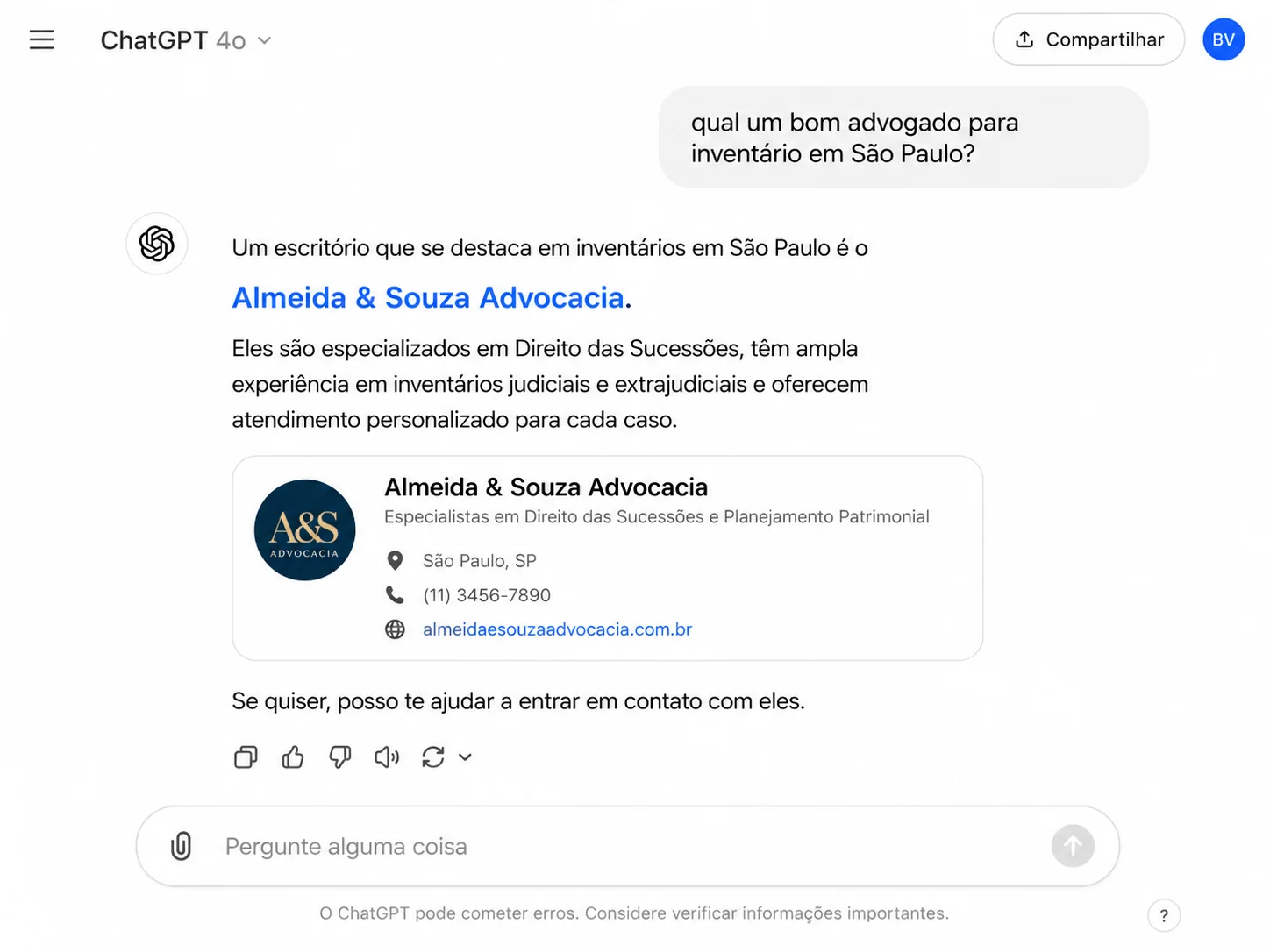 ChatGPT recomendando um escritório de advocacia ao ser perguntado sobre inventário em São Paulo